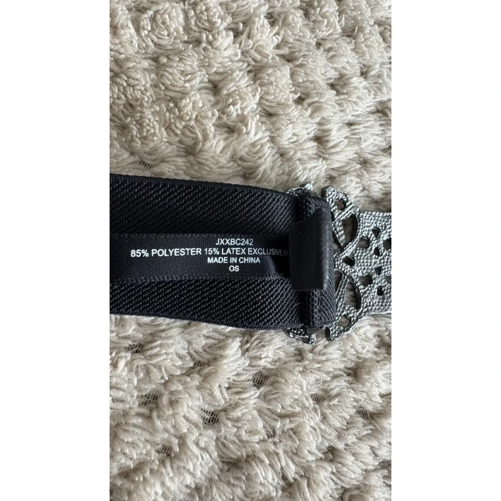 BCBG MAXAZRIA Black Platinum Rhinestone Medallion Elastic Belt | OS